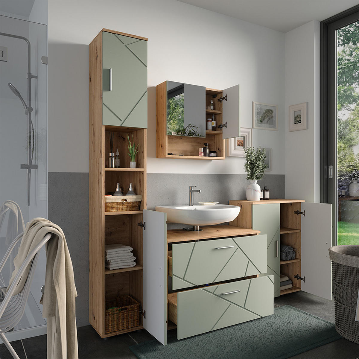 BADMÖBEL-SET Irma Salbeigrün 4 Teile - Salbeigrün, Holzwerkstoff (80/58.6/41cm) - Vicco