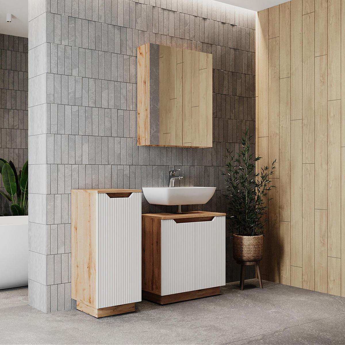 BADMÖBEL-SET Lotta Eiche/weiß gestreift 3 Teile - Eichefarben/Weiß, Holzwerkstoff (59.8/62.1/32cm) - Vicco