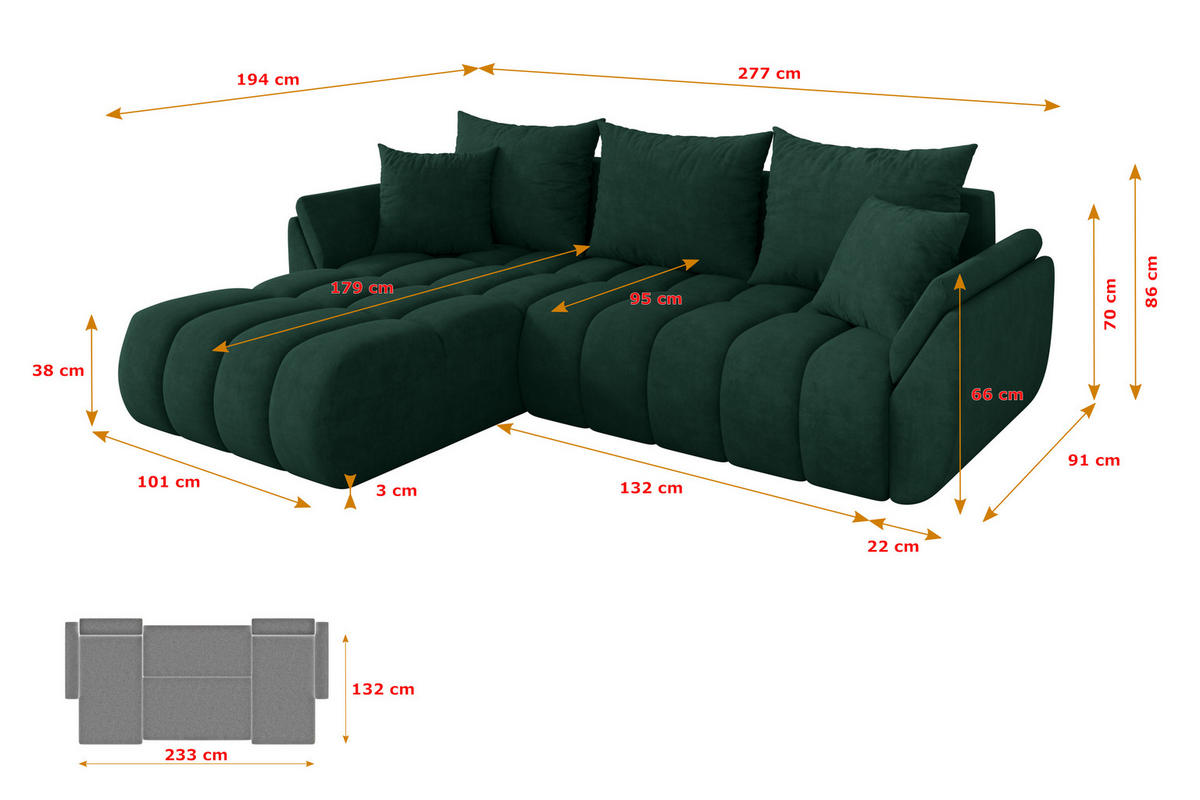 ROHOVÁ SEDAČKA s funkcí spaní, otoman vlevo TOKO-L-v1 277x194x86 zelená velur - černá/zelená barva, kompozitní dřevo/textil (277/194cm) - ALTDECOR