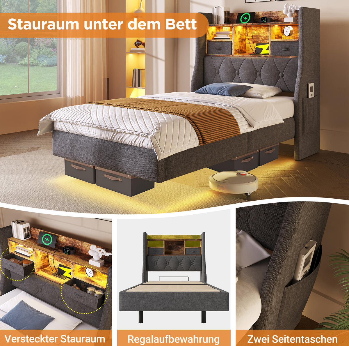 POLSTERBETT 140/190 cm grau aus Leinen mit LED und USB - Grau, Textil (140/190cm) - OKWISH