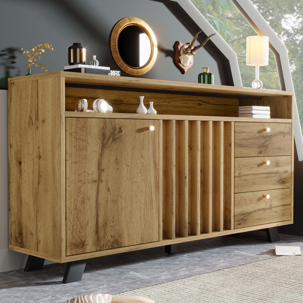 SIDEBOARD in Eichefarben mit Schubladen und offenem Fach für Wohnzimmer, B120/T40/H85 cm - Eichefarben/Schwarz, Holzwerkstoff (120/85/40cm) - STILVORA