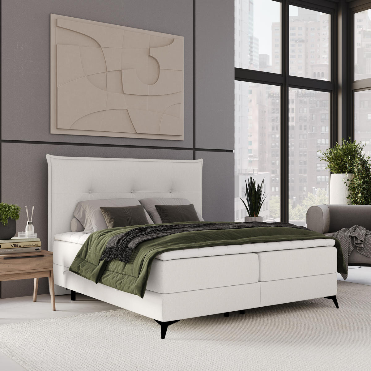 BOXBETT Menzzo Creme 200/200 cm mit Matratze und Topper - Creme/Schwarz, Holz/Holzwerkstoff (200/200cm) - Maison de Reve