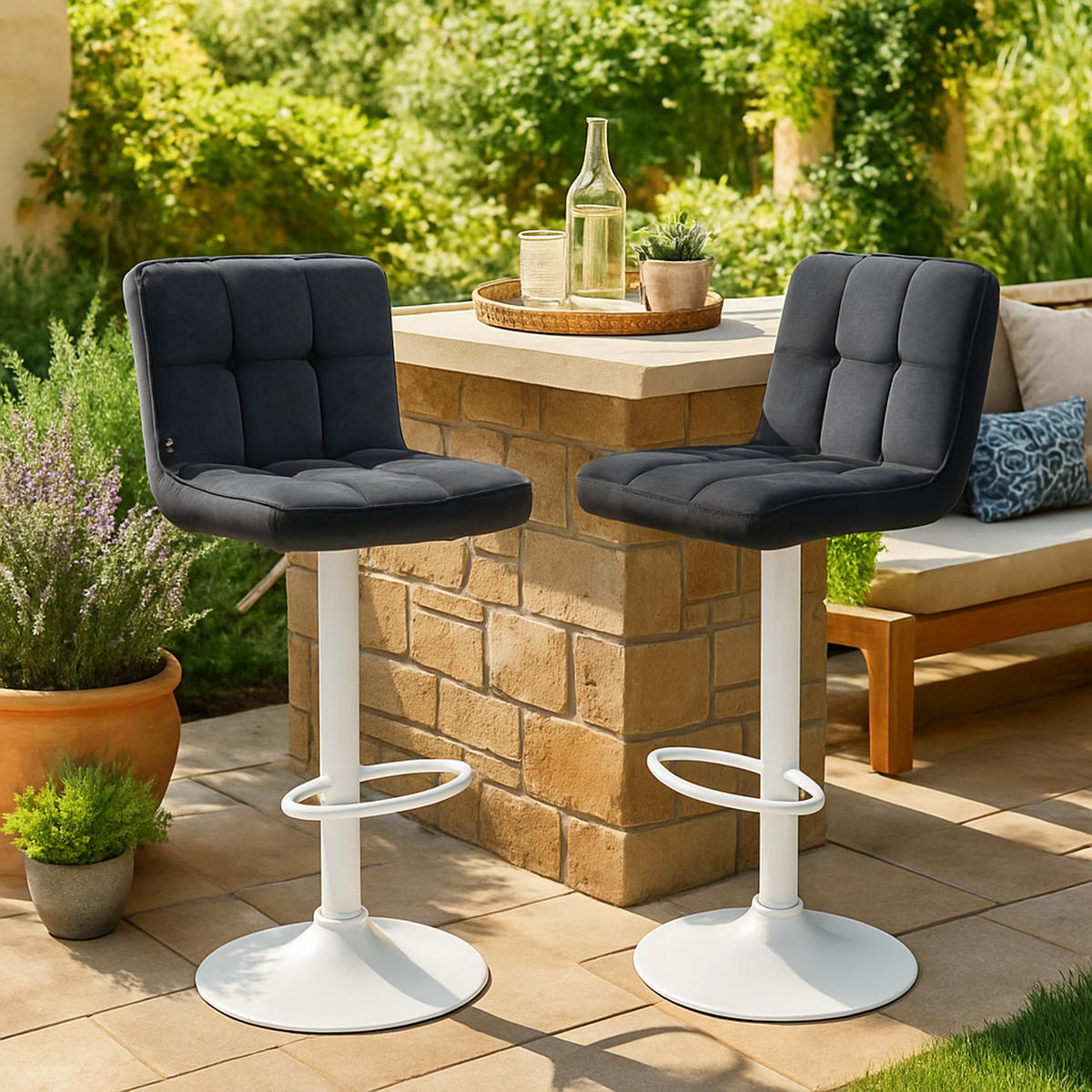 BARHOCKER 2er Set Peran Samt weiß schwarz - Schwarz/Weiß, Textil/Metall (46/114/47cm) - TPFLiving