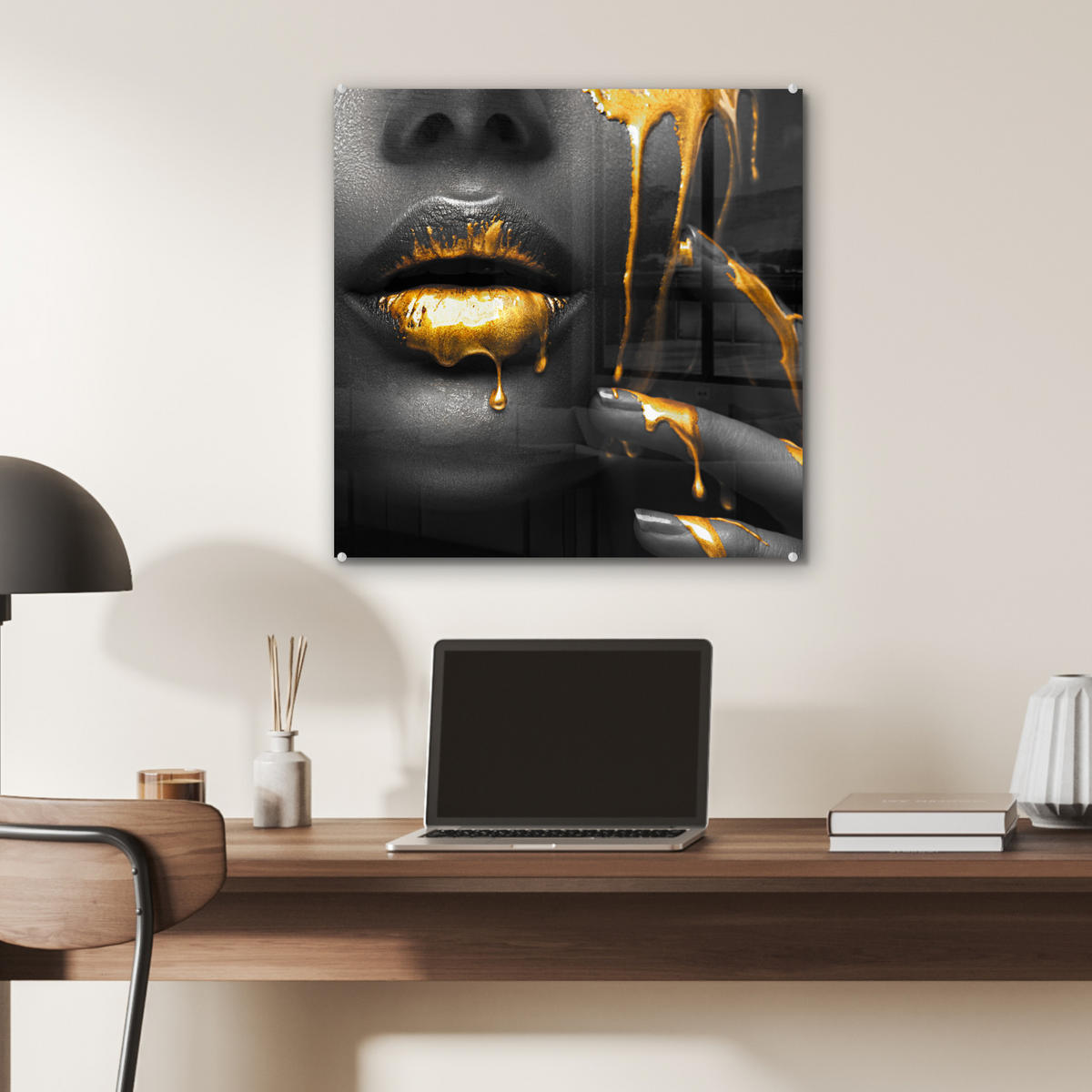 ACRYLGLASBILD Frau - Schwarz - Gold - Gesicht - Lippen 50x50 cm - Goldfarben, Glas (50/50cm) - MuchoWow