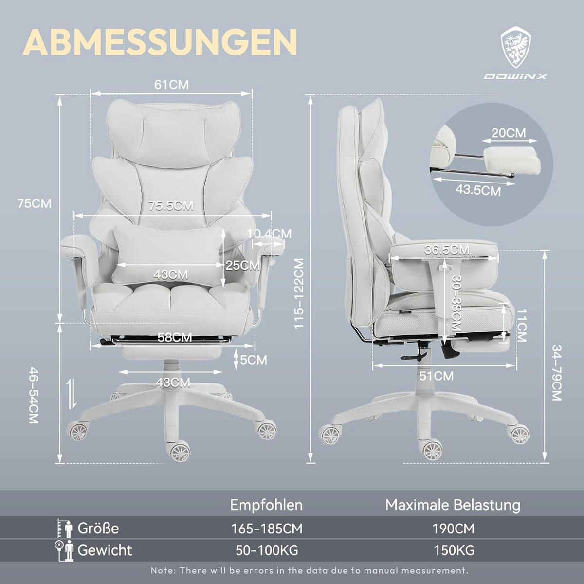 GAMING-STUHL & gefederten Sitzkissen Lendenwirbelstütze und Fußstützen - Weiß, Leder (76/121/60cm)