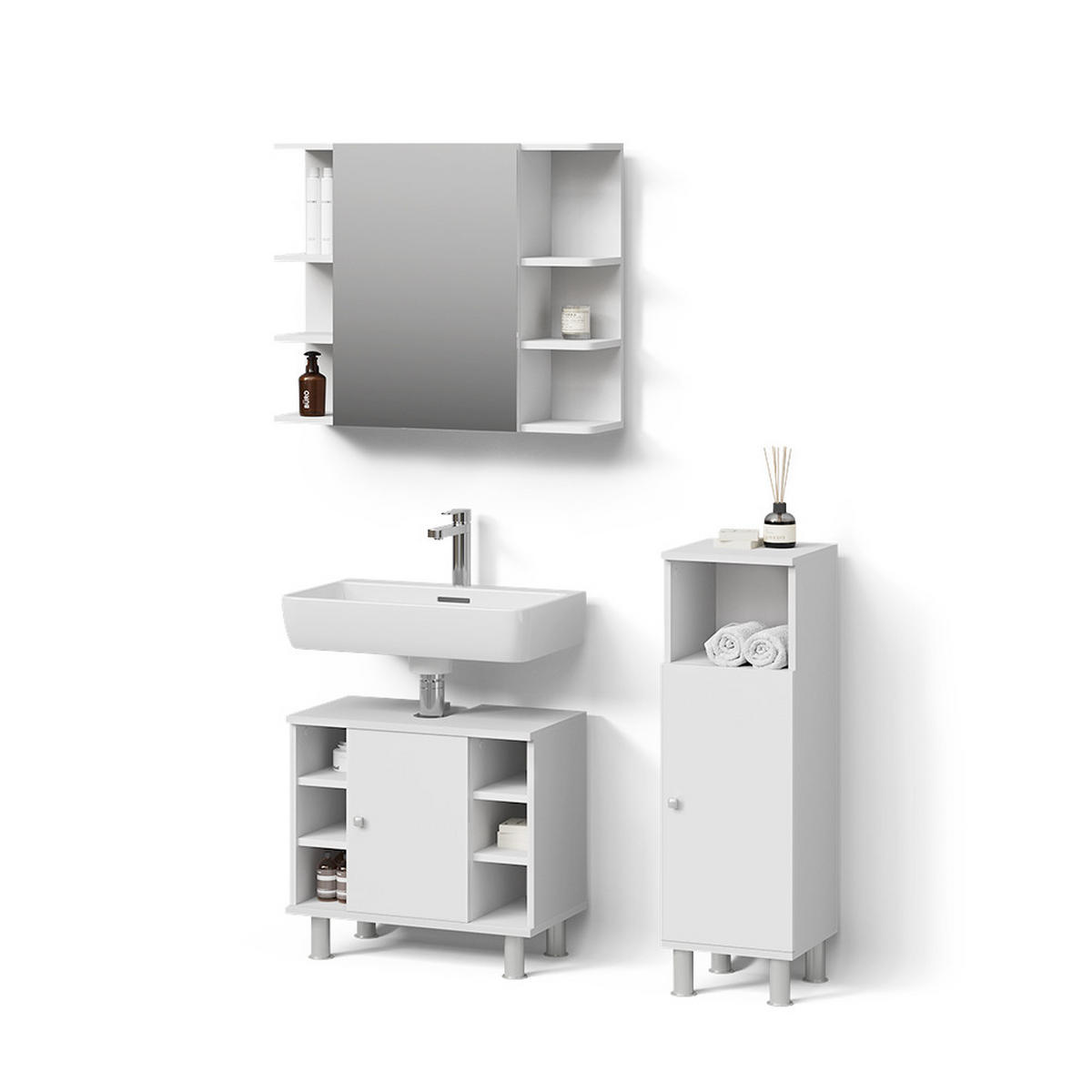 BADMÖBEL-SET Fucino Weiß 3 Teile, mit Midischrank - Weiß, Holzwerkstoff (60/54/32cm) - Livinity®