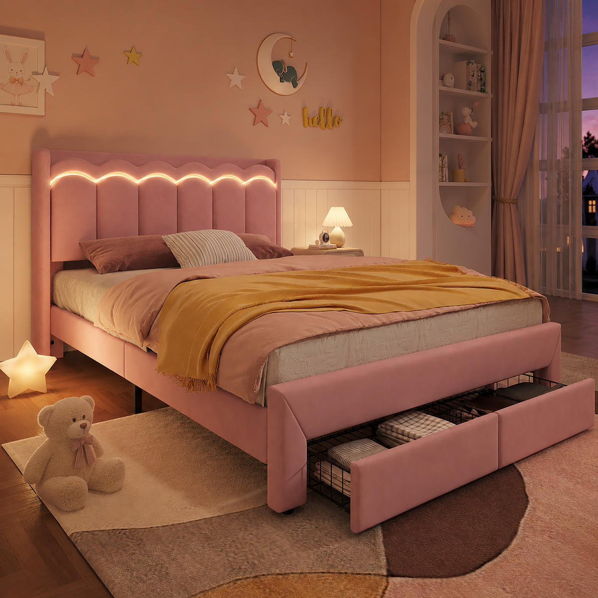 POLSTERBETT 140/200 cm mit 2 Schubladen und LED, DE-41732, in Rosa - Pink, Holzwerkstoff (140/200cm) - ComfortXL
