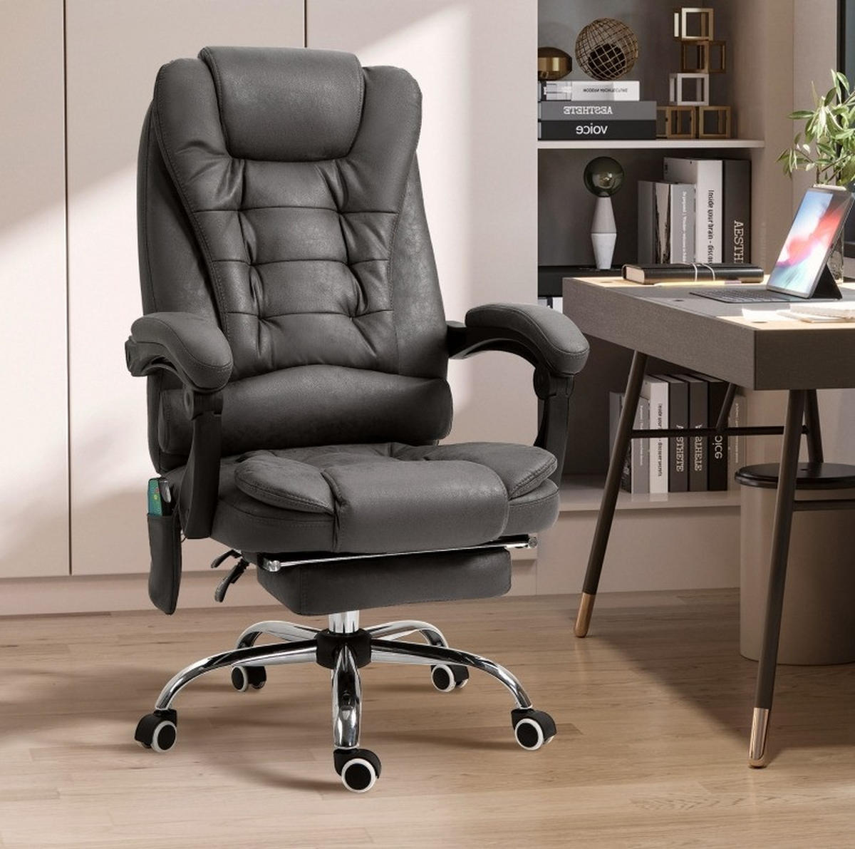 DREHSTUHL 70/65/111-119 cm dunkelgrau aus Polyester mit Massagefunktion und Fußstütze - Dunkelgrau, Kunststoff (70/119/65cm) - OKWISH