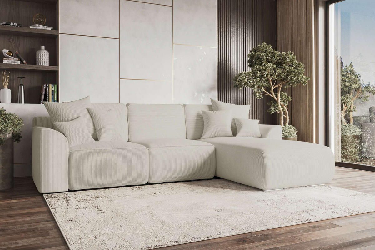 ECKSOFA GUSTO Cordstoff Greige Rechts inkl. Schlaffunktion - Chromfarben/Greige, Kunststoff/Textil (295/194cm) - 99rooms