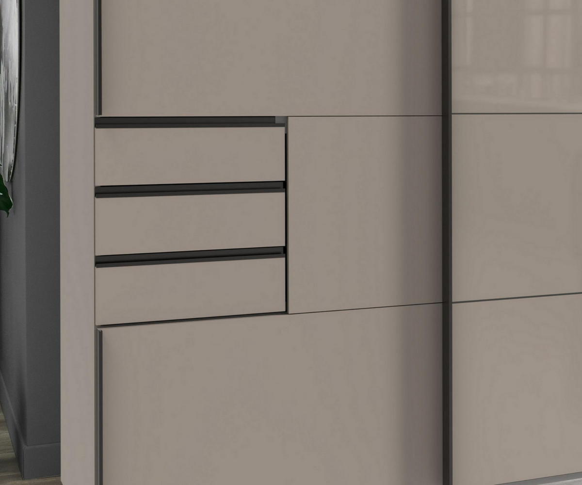 SCHWEBETÜRENSCHRANK 3-türig B270/H208/64 cm, Sandgrau, Mitteltür Glas, Kleiderschrank mit Schubladen & Vollausstattung, / 22614 - Sandfarben/Graubraun, Holzwerkstoff/Metall (270/208/64cm) - luma-home