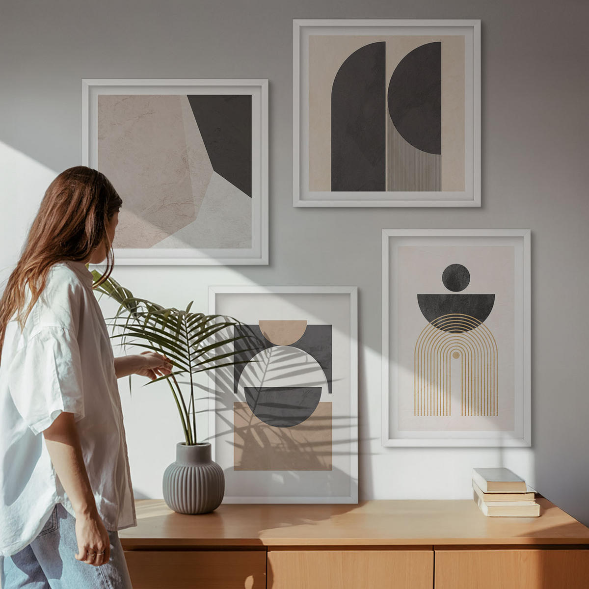 BILDER SET 4er Set - 50x50 cm & 40x60 cm Weißer Rahmen - Abstrakte Formen beige braun - Weiß, Kunststoff (50/50cm) - TULUP