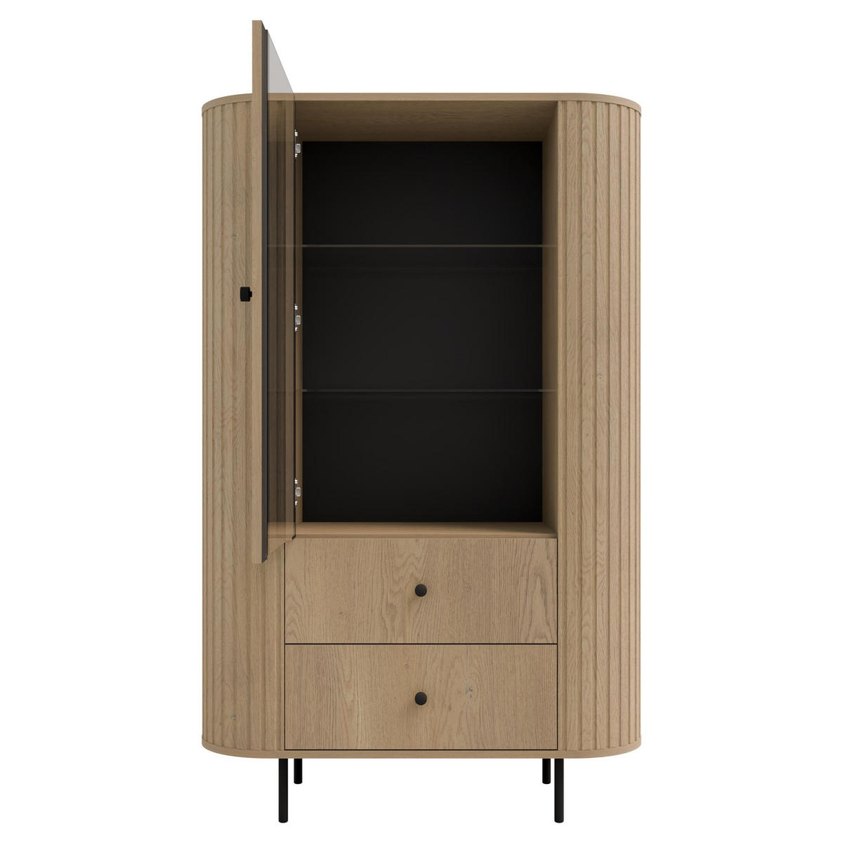 VITRINE Halay Eiche Cremona, 1 Tür & 2 Schubladen Moderne Rillenstruktur, mit runden Kanten - Eichefarben/Schwarz, Holzwerkstoff/Metall (97.4/155/42.3cm) - AX Living