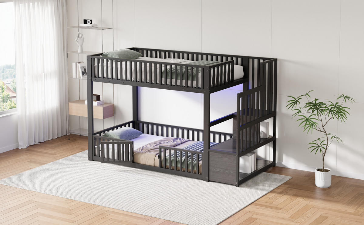 ETAGENBETT 90x200 cm mit Stauraumleiter und LED-Kopfteil, Schutzgittern und Einstiegstür, schwarz - Schwarz, Holzwerkstoff (90/200cm)