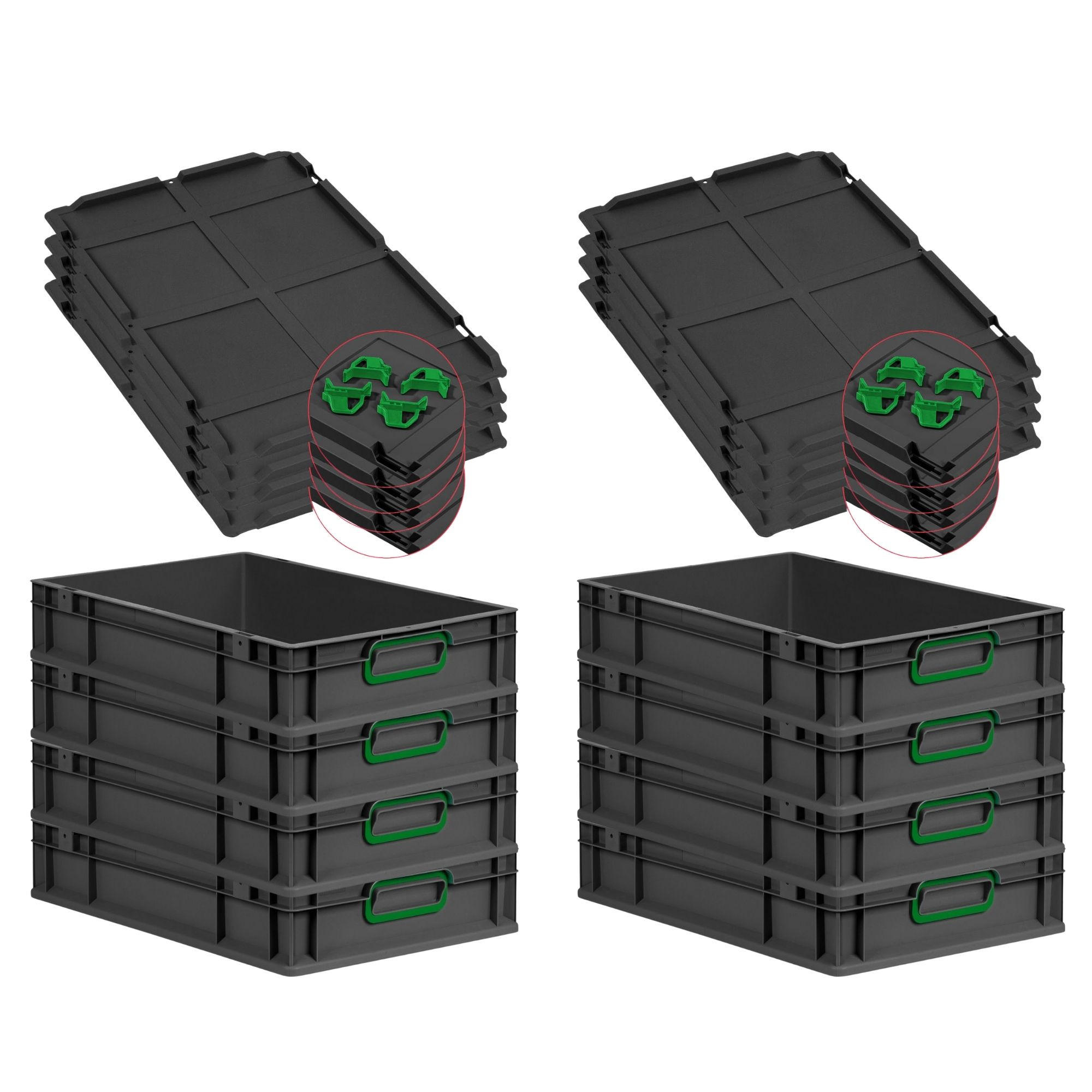 EUROBOX 8x NextGen Color mit Auflagedeckel 12x40x60 cm 23 Liter Schwarz Griffe grün zu - Schwarz/Grün, Kunststoff (40/12/60cm) - PROREGAL