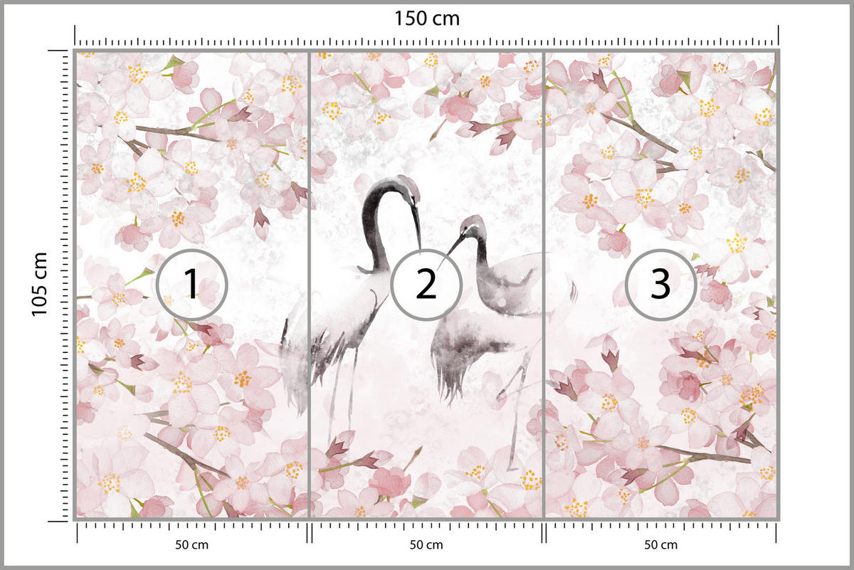 FOTOTAPETE für Schlafzimmer Kraniche Kirschblüten Aquarell Natur Rosa Vintage Blüten 150x105 - Beige/Rosa, Papier (150/105cm) - Muralo