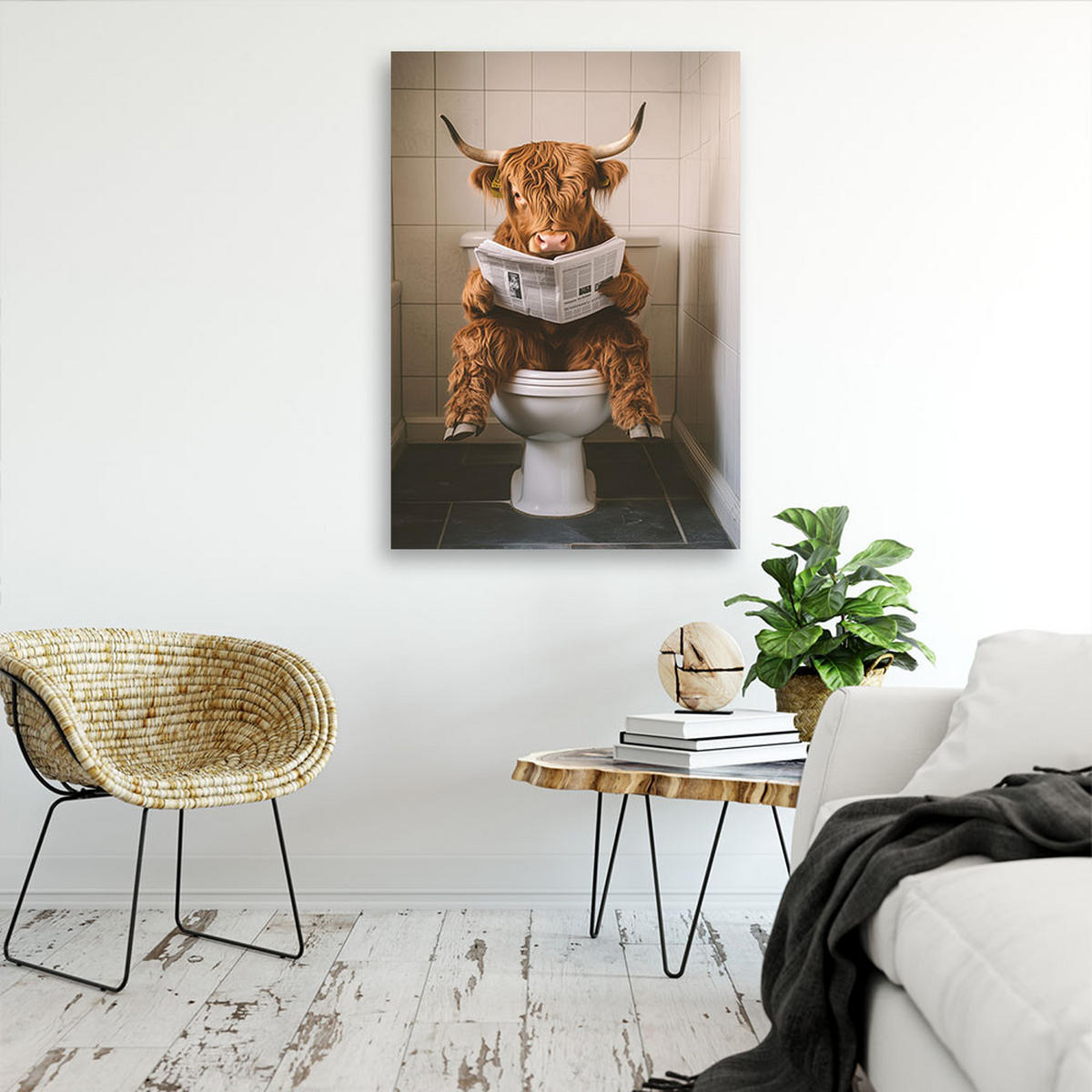 LEINWANDBILD Schottische Kuh mit Zeitung in der Toilette - Braun, Textil (60/90cm) - Feeby
