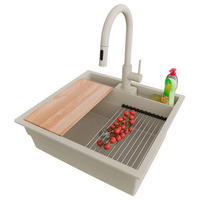 GRANITSPÜLE Bergen Pocket, 2-er set Beige 56/54 cm 1 Becken + Küchenarmatur 40/20 cm + Ablauf-Set + Küchenzubehörset ab 60er Unterschrank - Chromfarben/Beige, Kunststoff (56/20/54cm) - Primagran