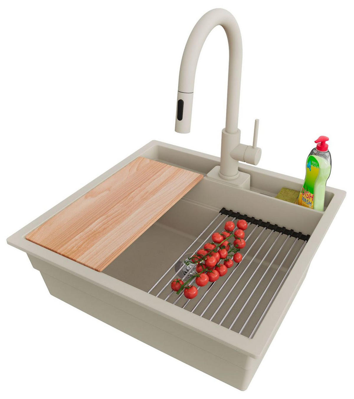 GRANITSPÜLE Bergen Pocket, 2-er set Beige 56/54 cm 1 Becken + Küchenarmatur 40/20 cm + Ablauf-Set + Küchenzubehörset ab 60er Unterschrank - Chromfarben/Beige, Kunststoff (56/20/54cm) - Primagran