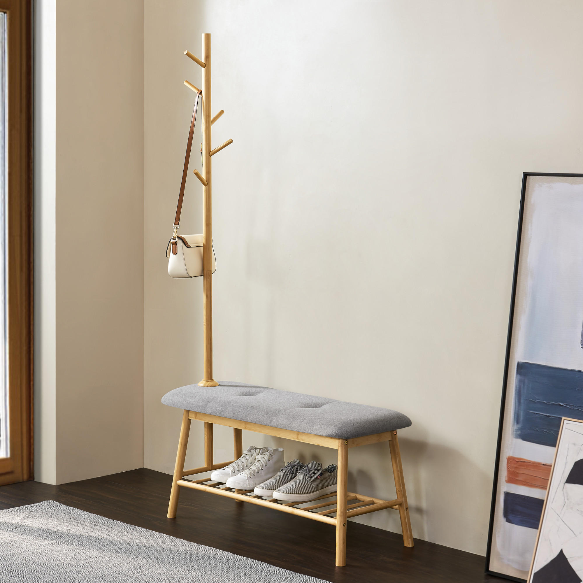 GARDEROBENBANK Bygland - Grau, Holz/Textil (90/165/34cm) - [en.casa]