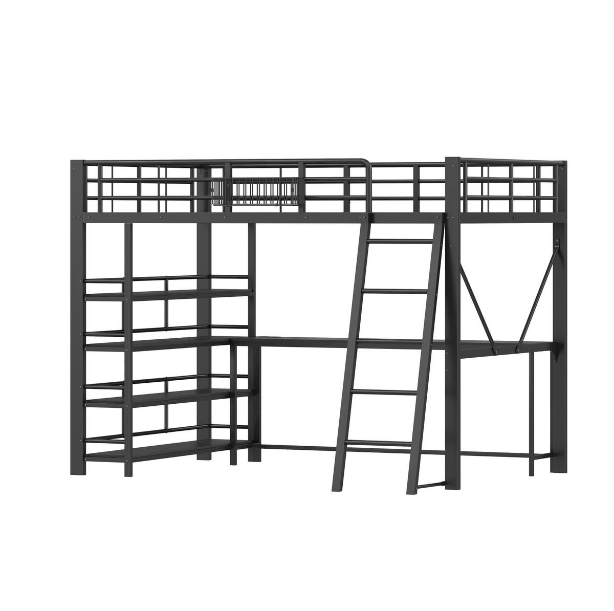 HOCHBETT aus Metall und MDF 140x200 cm Schwarz mit Schreibtisch, LED-Beleuchtung und Stauraum - Schwarz, Holzwerkstoff (140/200cm) - IVMEU