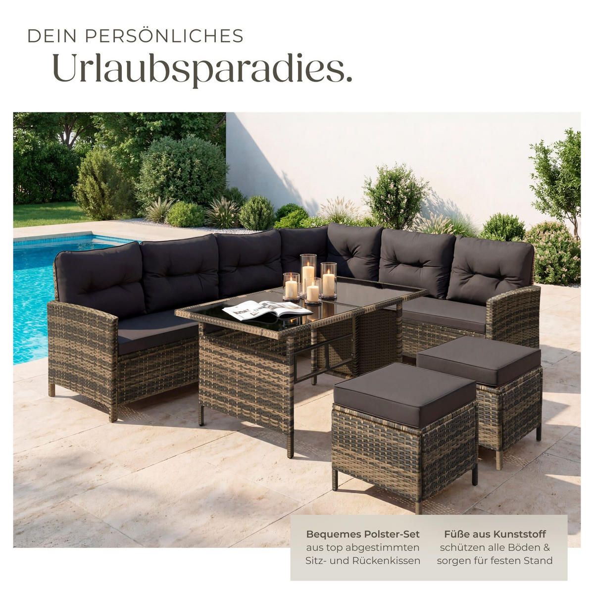 RATTANLOUNGE Barletta, mit Sicherheitsglasplatten, natur - Naturfarben, Kunststoff - tectake