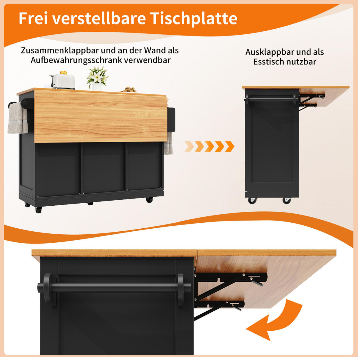 KÜCHENINSEL 140/40/93,5 cm schwarz mit klappbaren Seitenplatten - Schwarz, Holzwerkstoff (140/93.5/40cm) - OKWISH