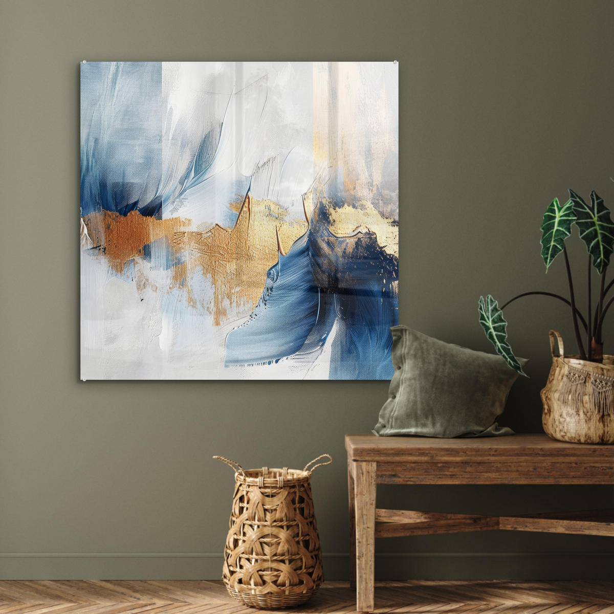 ACRYLGLASBILD Gold - Blau - Aquarell - Kunst - Modern 90x90 cm - Hellblau, Glas (90/90cm) - MuchoWow