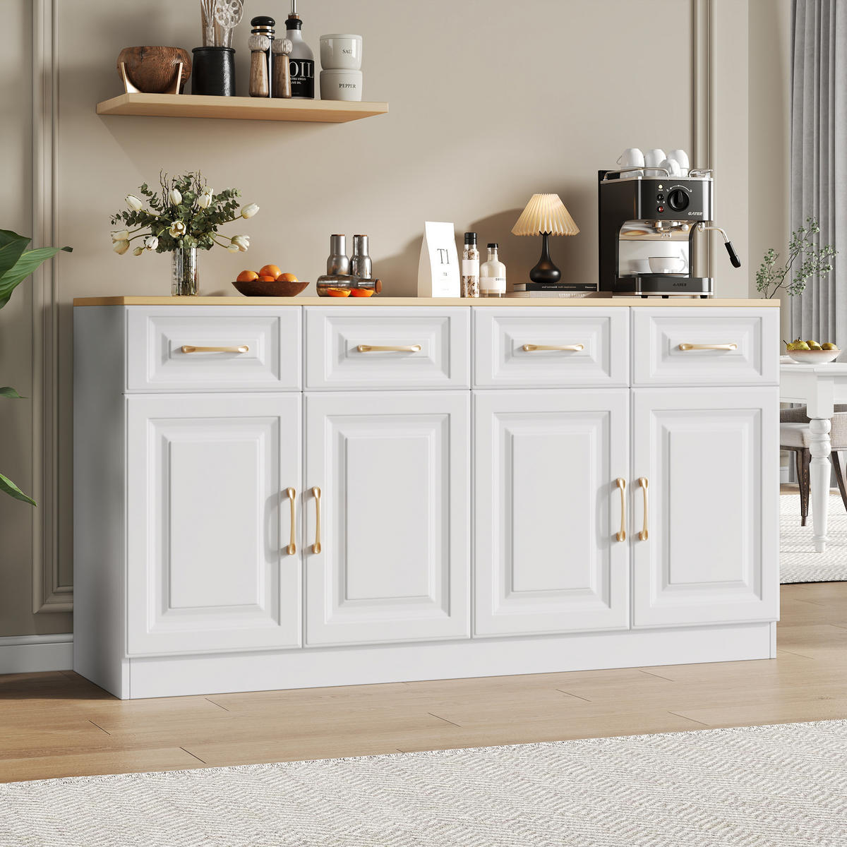 SIDEBOARD Weiß Holz 4 Türen 4 Schubladen 140cm Stauraum - Multicolor, Holzwerkstoff (40/75/140cm) - FLIEKS