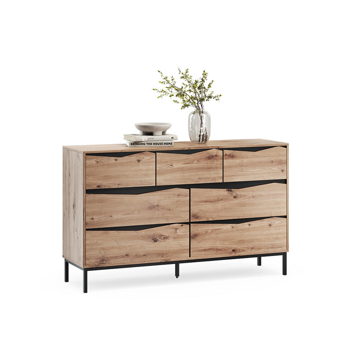SIDEBOARD Elvano, Eiche/Schwarz, 140 x 85 cm mit 7 Schubladen - Eichefarben/Schwarz, Holzwerkstoff (140/85/39cm) - Vicco