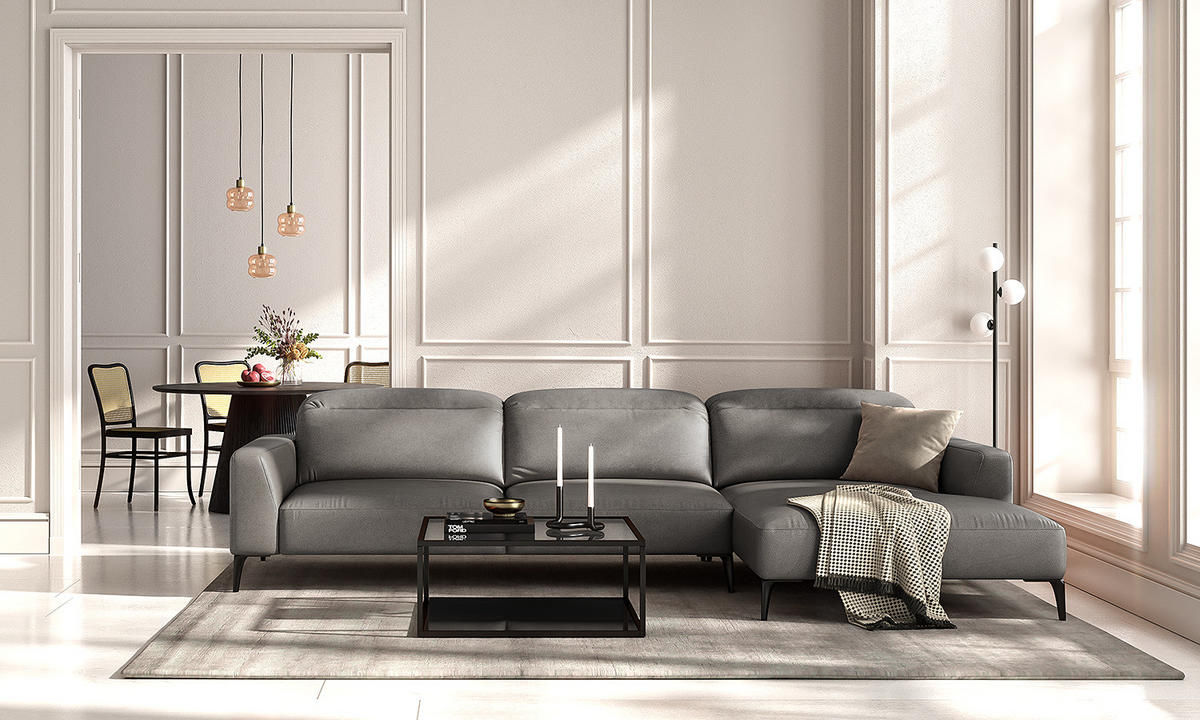 ECKSOFA mit Longchair - Schwarz/Grau, Leder/Metall (328/180cm) - home24