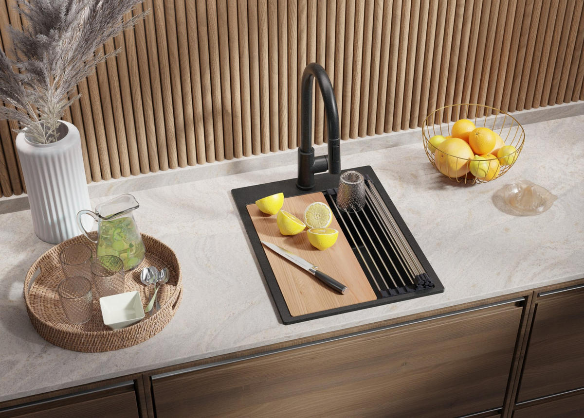 SPÜLBECKEN Oslo, 3-er set Anthrazit 38/50 cm, 1 Becken + Ablauf-Set + Schneidebrett ab 40er Unterschrank - Chromfarben/Anthrazit, Kunststoff (38/20/50cm) - Primagran