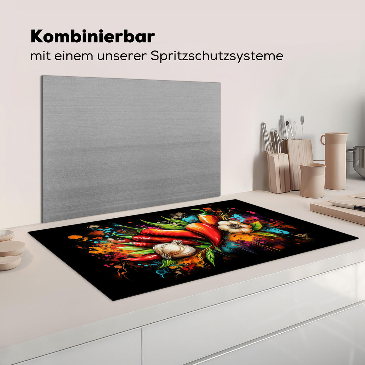 HERDABDECKPLATTE Gemüse - Paprika - Knoblauch - Graffiti - Farbe - Bunt Ceranfeldabdeckung 90x52 cm - Rot, Kunststoff (90/52/0.2cm) - MuchoWow