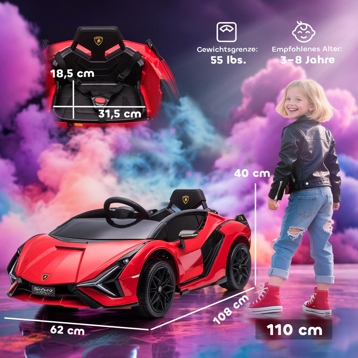 KINDER-ELEKTROAUTO DE-06094 Lamborghini lizenziert mit 2,4G Fernbedienung Rot - Rot, Kunststoff/Metall (108/62/40cm) - ComfortXL