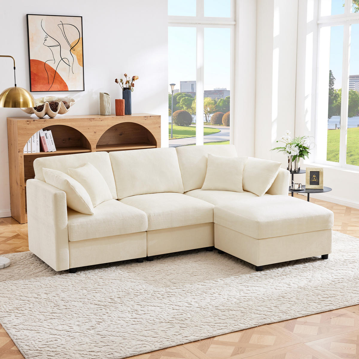 ECKSOFA, Chenille mit verstellbaren Armlehnen & Hocker, 218/156,5/86 cm, Beige - Beige, Textil (156.5/218cm) - Redom