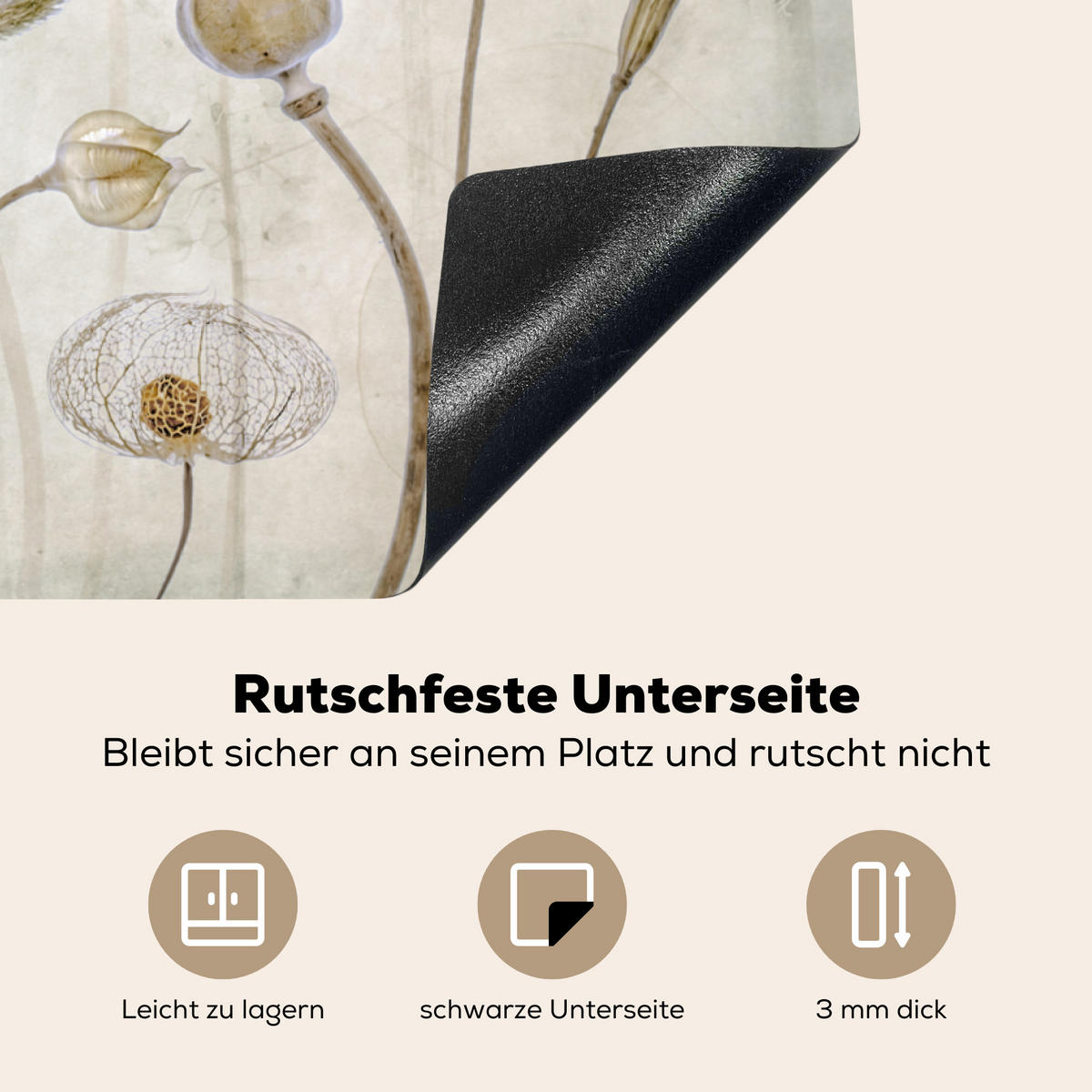 HERDABDECKPLATTE Blumen - Aquarell - Stilleben - Braun - Vintage 81x52 cm - Sandfarben, Kunststoff (81.2/0.2/52cm) - MuchoWow