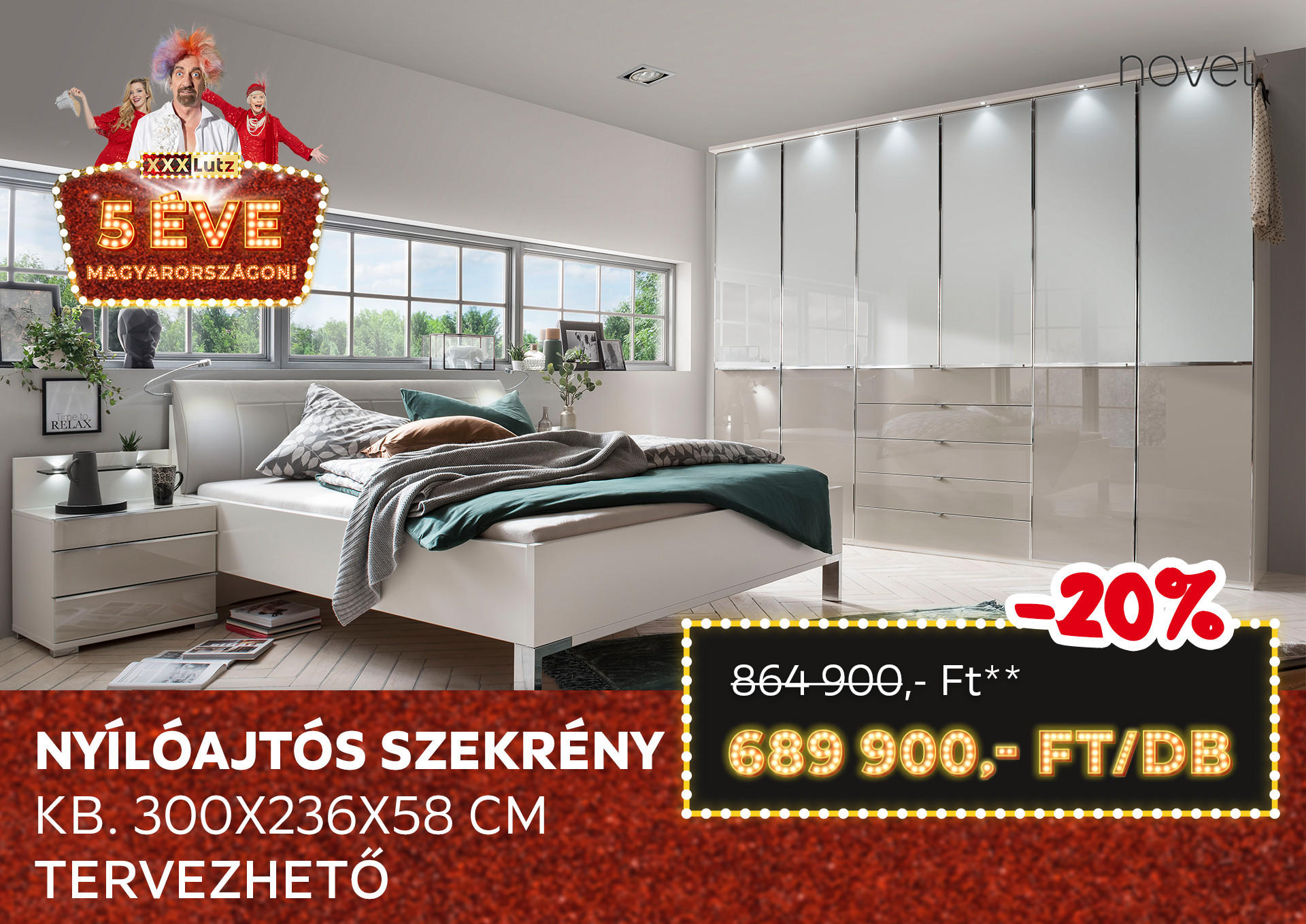 NYÍLÓAJTÓS SZEKRÉNY Kb. 300x236x58 cm Kiemelt termék 864900 Ft.- helyett 689900 Ft.-