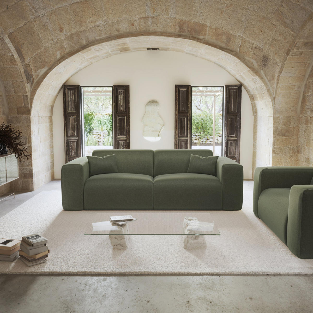 SCHLAFSOFA GERADE Rastergewebe Olivgrün 214cm - Olivgrün, Textil (214/73/95cm) - Sia Home