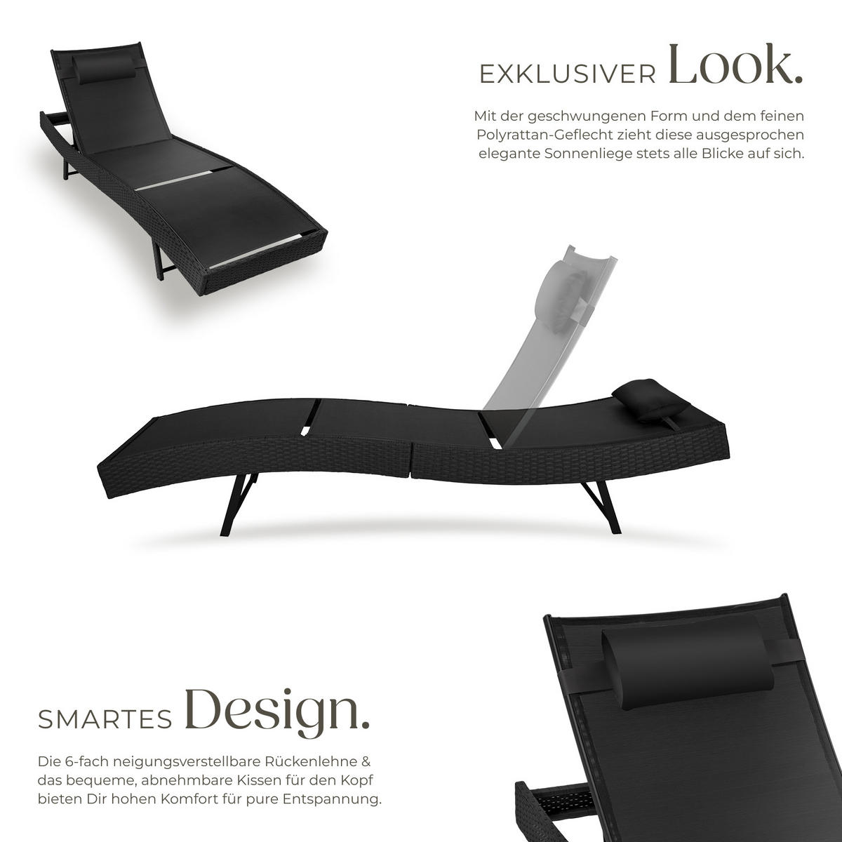 RATTAN-SONNENLIEGE Moana, 69 x 211 x 41 - 94 cm, schwarz - Schwarz, Kunststoff (69/94/211cm) - tectake