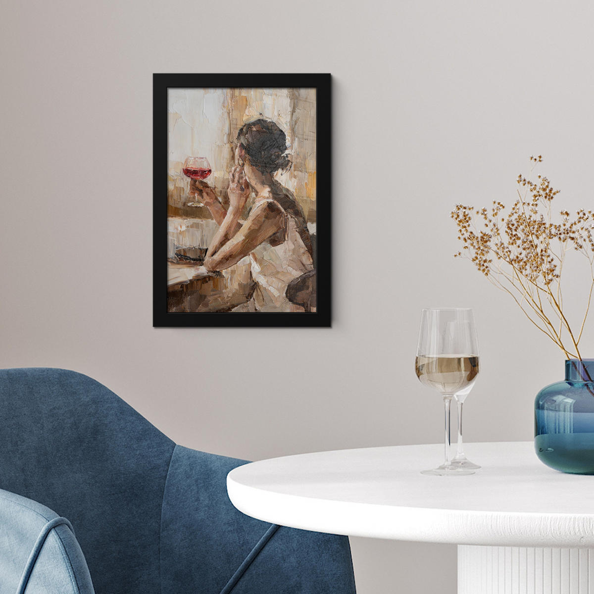 GERAHMTES BILD Ölgemälde - Frau - Wein 20x30 cm - Hellbraun, Papier (20/30cm) - MuchoWow