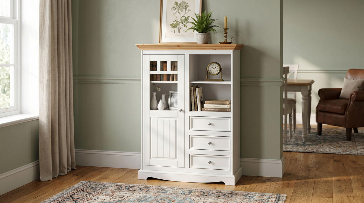 VITRINE Belluno Elegante Kiefer Natur gebeizt / - Kiefer weiß (RAL9010) lackiert 89 / 44 / 130cm - Weiß/Kieferfarben, Holz/Metall (89/130/44cm) - Feldmann-Wohnen
