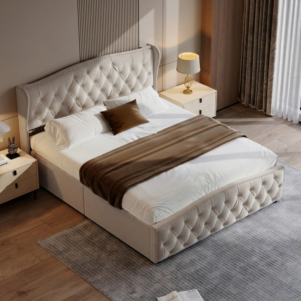 KLÄDD säng 140/200 cm beige med förvaringsutrymme och vågig huvudgavel - Beige, Trä - SHOPENTRA