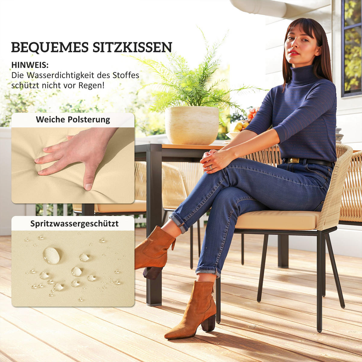 GARTENMÖBEL-SET DE-06739 5-teiliges, 4 Stühle & Tisch, waschbare Kissen Khaki - Taupe/Naturfarben, Holz/Kunststoff - ComfortXL