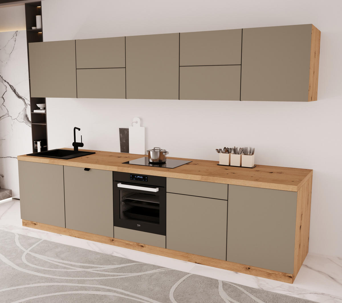 KÜCHENZEILE 300 cm - Langen KL30-M300 - in Beige / Matt - Beige, Holz (300/212/52cm)
