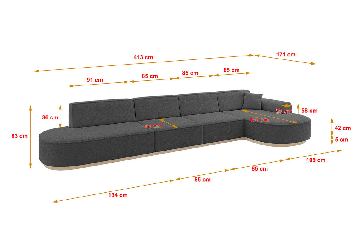 ECKSOFA Ottomane Rechts MARI-L3-v1 - 413x171x83 cm Grau Bouclé - Grau, Holzwerkstoff/Textil (171/413cm) - ALTDECOR