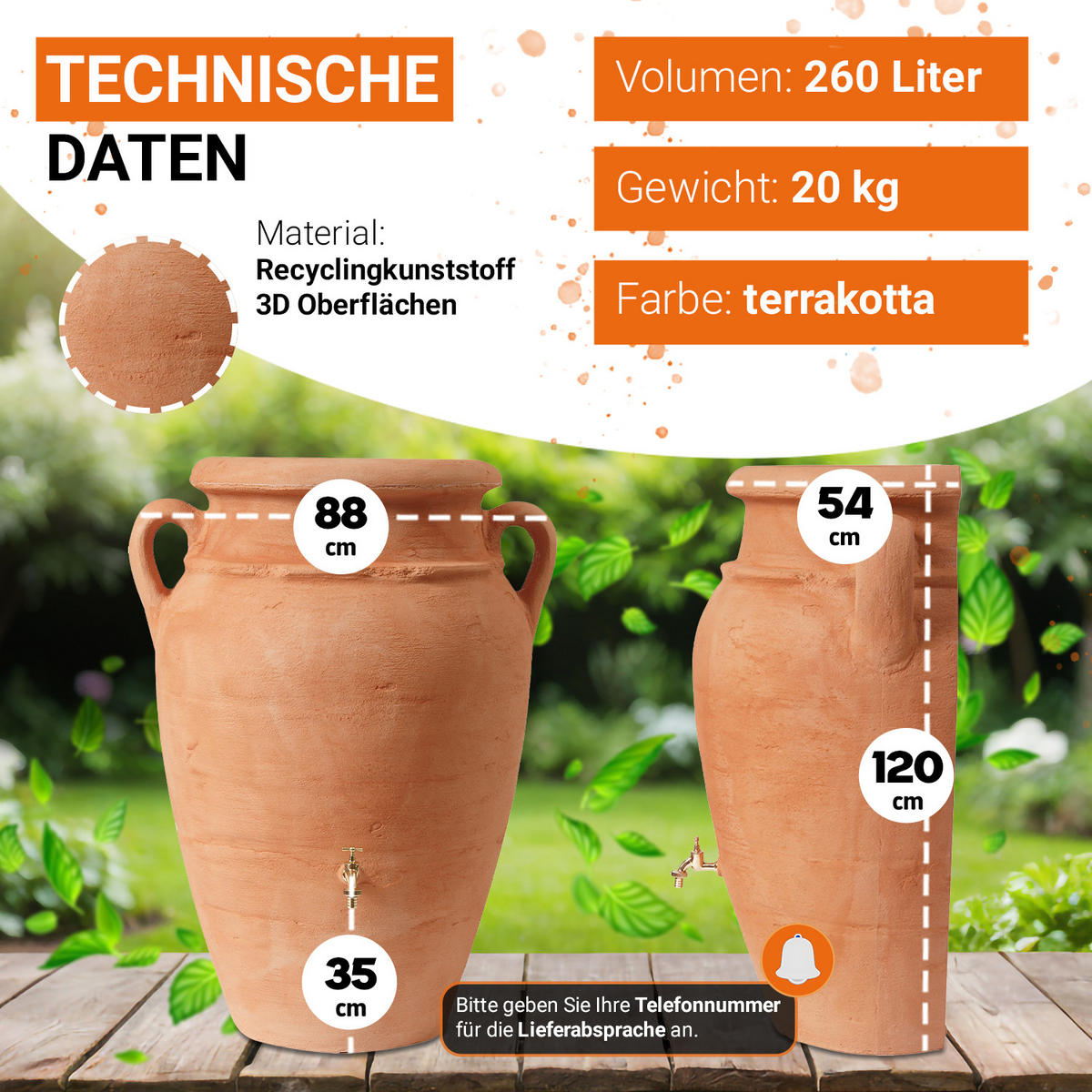 WAND-AMPHORE 260 L, kotta - Terracotta, Kunststoff (54/120/88cm) - GARANTIA