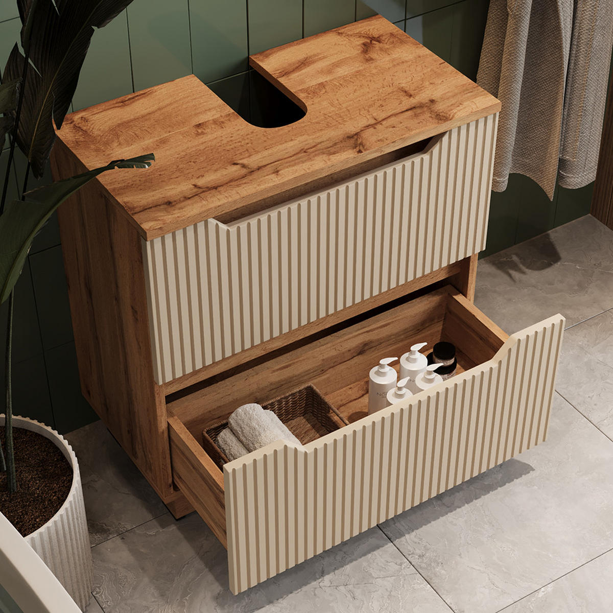 DOLNÍ SKŘÍŇKA POD DŘEZ Lotta Dubový/kašmírový pruhovaný - kašmírová/barva dubu, kompozitní dřevo (59.8/62.5/32cm) - Vicco