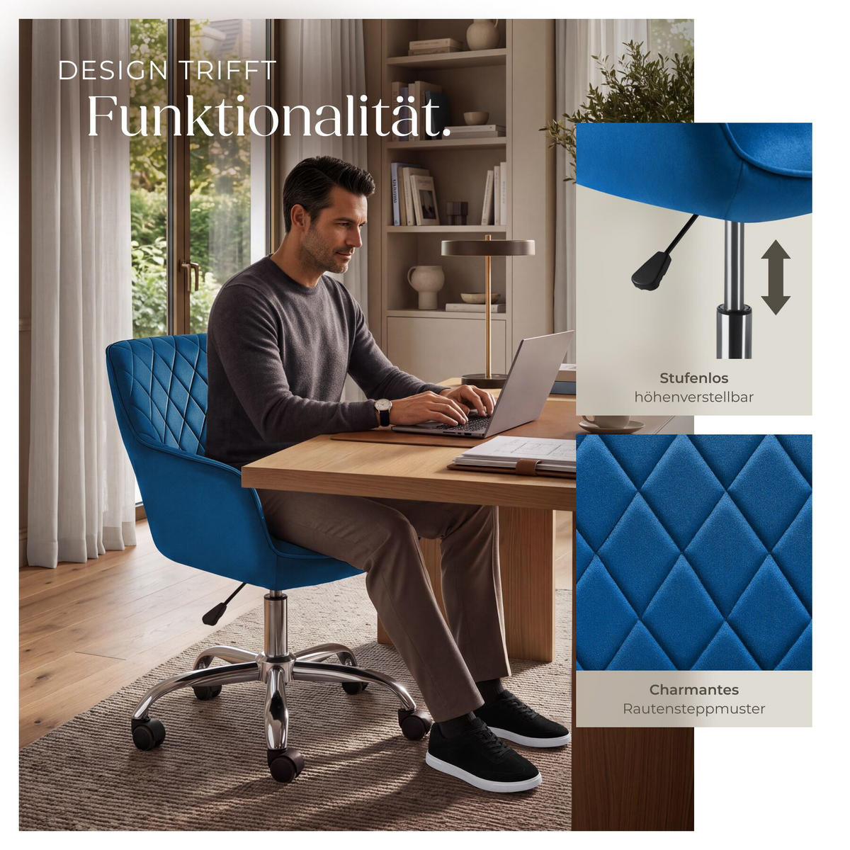 DREHSTUHL Nancy, 57 x 60 x 82 – 91 cm, Belastbarkeit 150 kg, blau - Blau, Kunststoff (57/91/60cm) - tectake