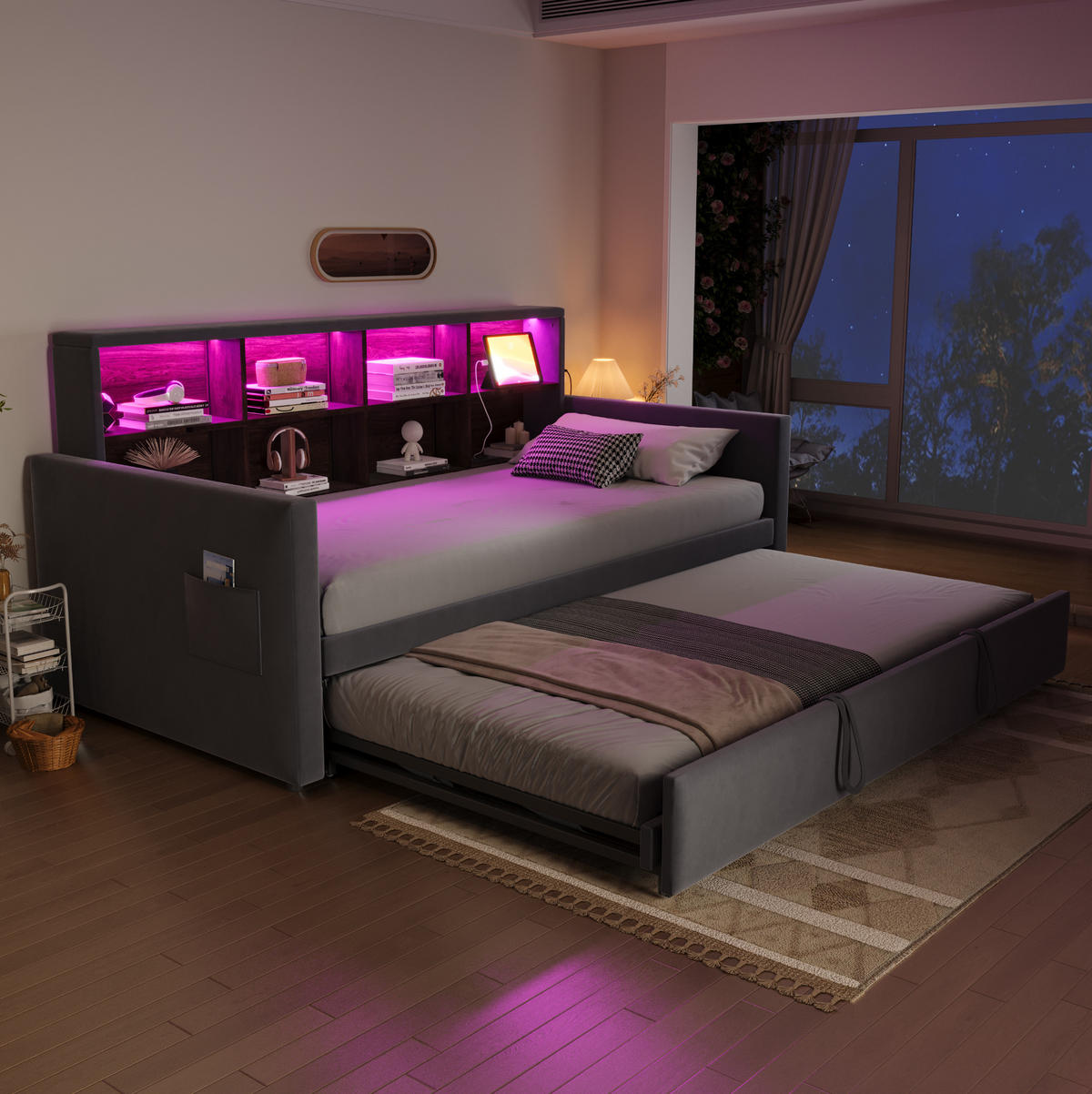 POLSTERBETT 90/190 cm aus Samt mit Ausziehbett, LED-Kopfteil und Steckdosen Dunkelgrau - Dunkelgrau, Textil (90/190cm) - Modenvie