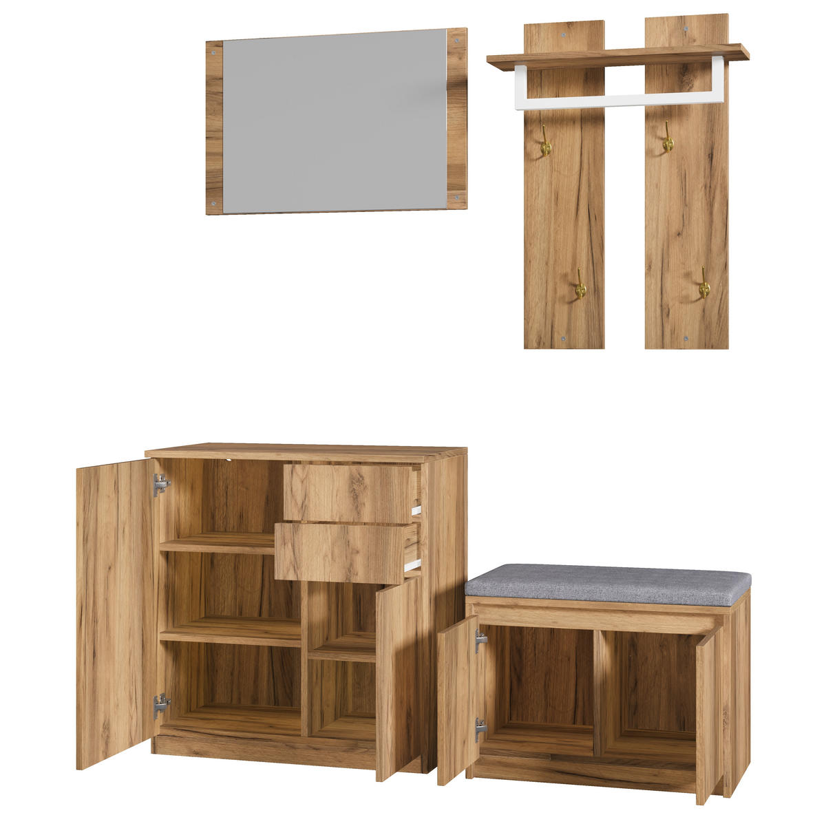 GARDEROBE 130x35x124.5cm mit Spiegel, LED und Schuhbank - Naturfarben, Holzwerkstoff (130/124.5/35cm) - FLIEKS