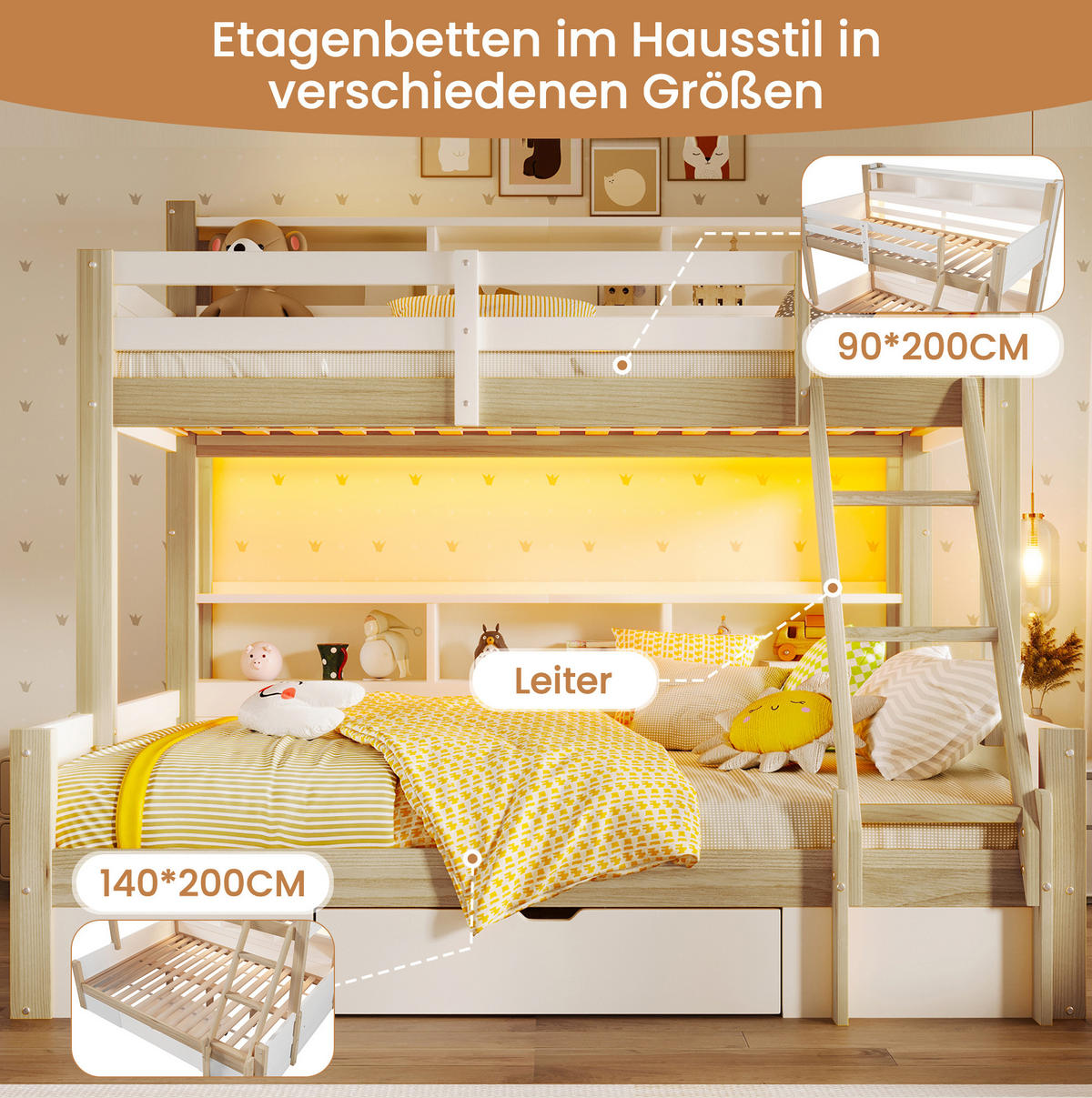 ETAGENBETT 90/200 & 140/200 cm aus Kiefernholz mit LED-Beleuchtung und Stauraum Weiß/Natur - Weiß, Holz (90/200cm) - Modenvie